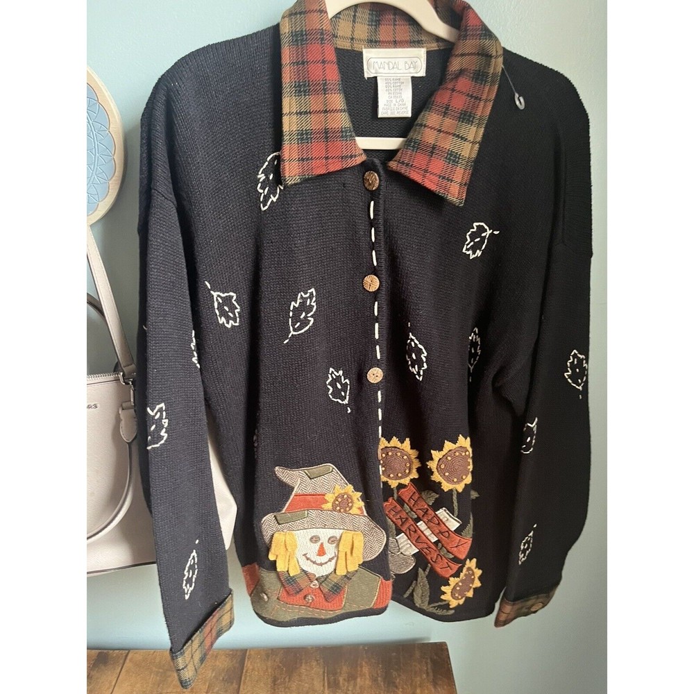 Mandal Bay Vintage Sweater Womens Size Large Happy Harvest Sunflowers Scarecrow